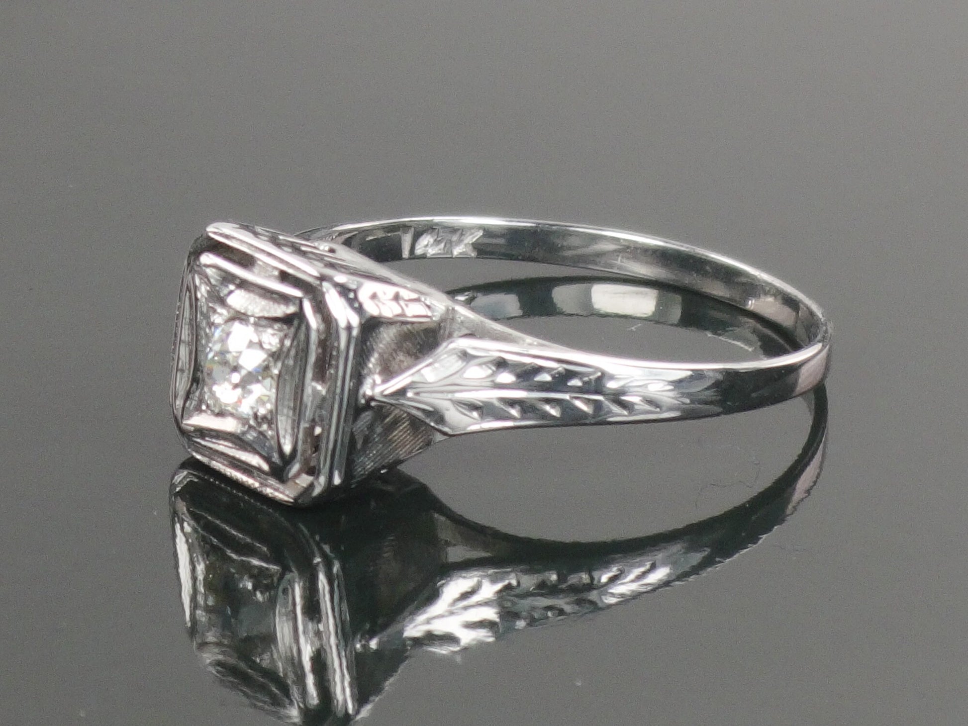 Vintage Art Deco 14k White Gold Old Mine Cut Natural Diamond Engagement Ring Solitaire Ring Size 6.5