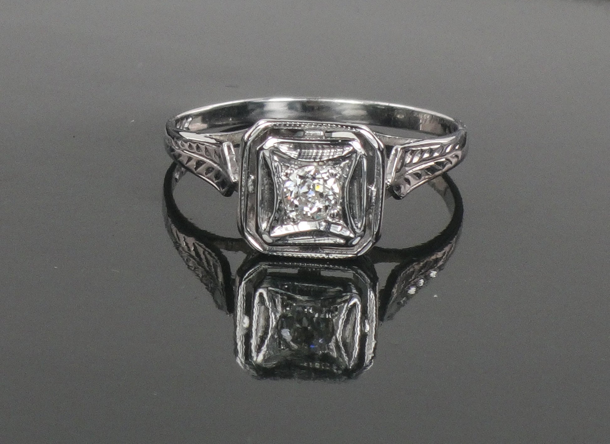 Vintage Art Deco 14k White Gold Old Mine Cut Natural Diamond Engagement Ring Solitaire Ring Size 6.5