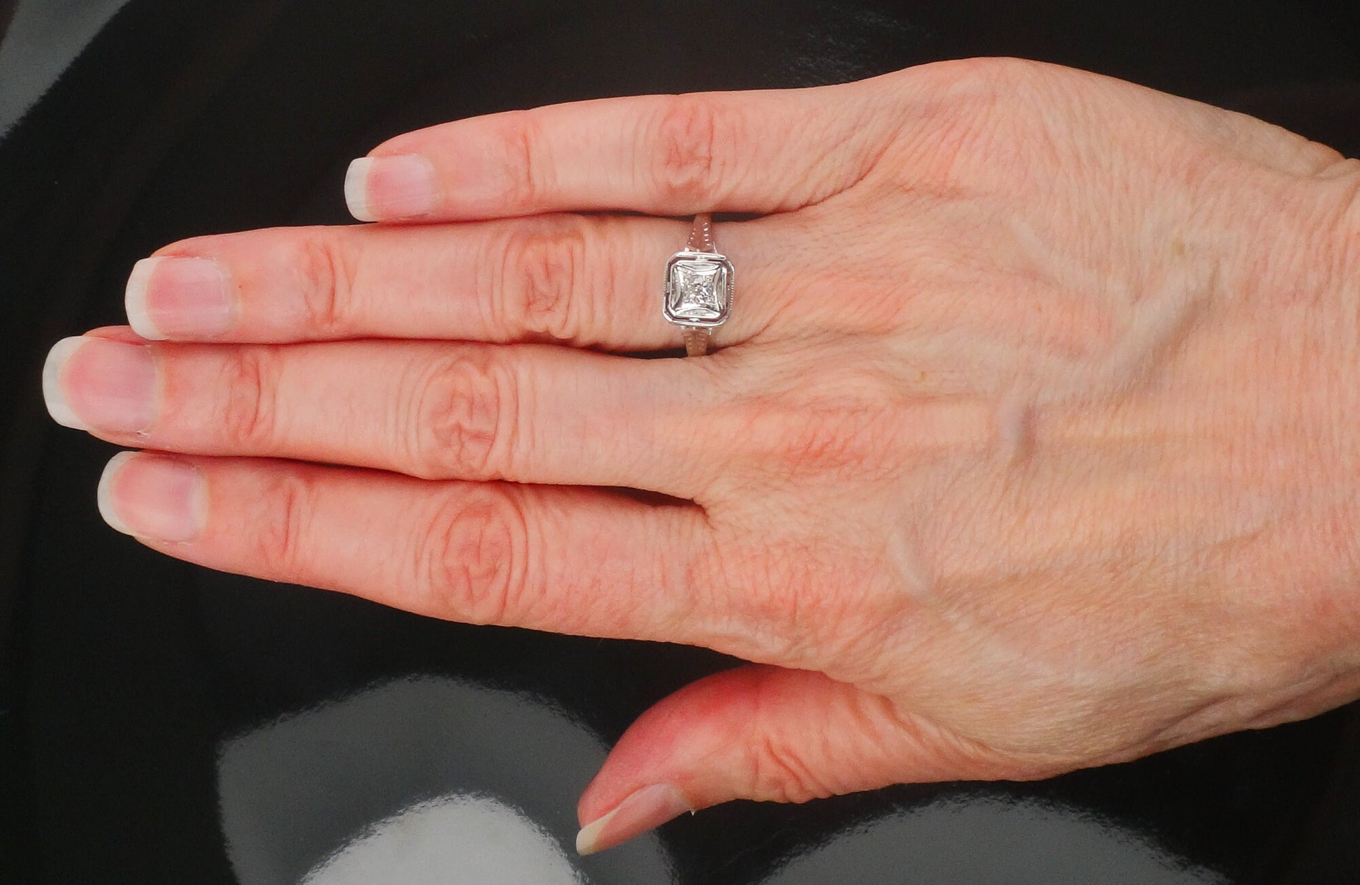 Vintage Art Deco 14k White Gold Old Mine Cut Natural Diamond Engagement Ring Solitaire Ring Size 6.5