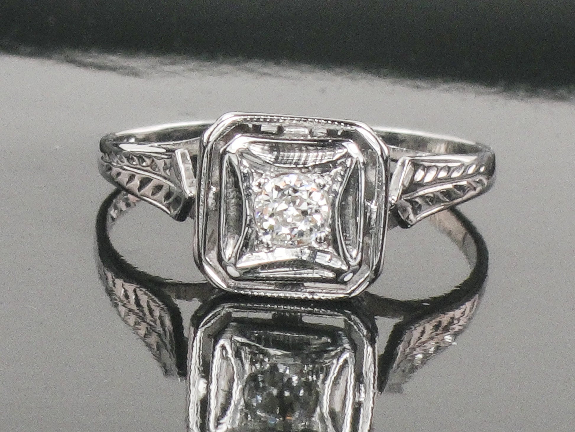 Vintage Art Deco 14k White Gold Old Mine Cut Natural Diamond Engagement Ring Solitaire Ring Size 6.5