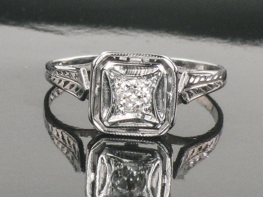 Vintage Art Deco 14k White Gold Old Mine Cut Natural Diamond Engagement Ring Solitaire Ring Size 6.5