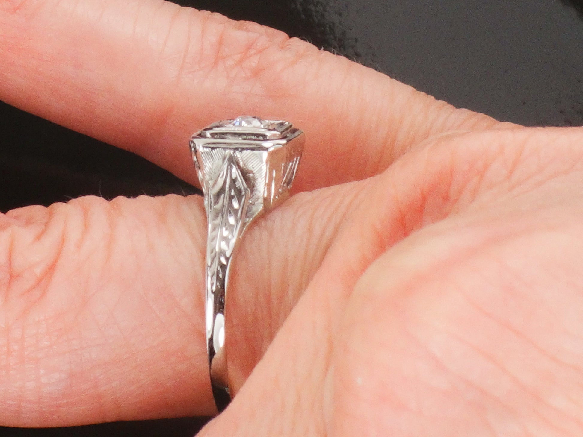 Vintage Art Deco 14k White Gold Old Mine Cut Natural Diamond Engagement Ring Solitaire Ring Size 6.5