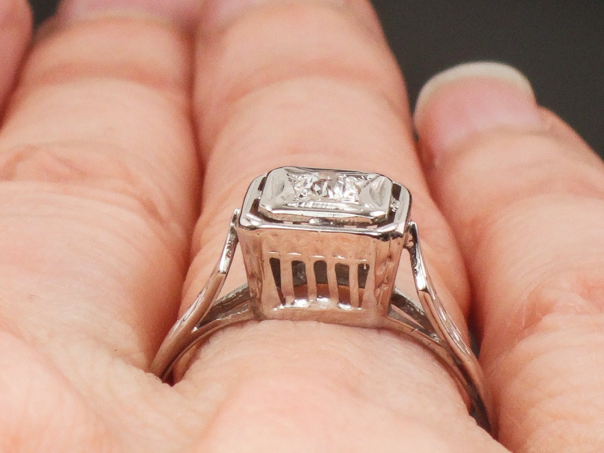 Vintage Art Deco 14k White Gold Old Mine Cut Natural Diamond Engagement Ring Solitaire Ring Size 6.5