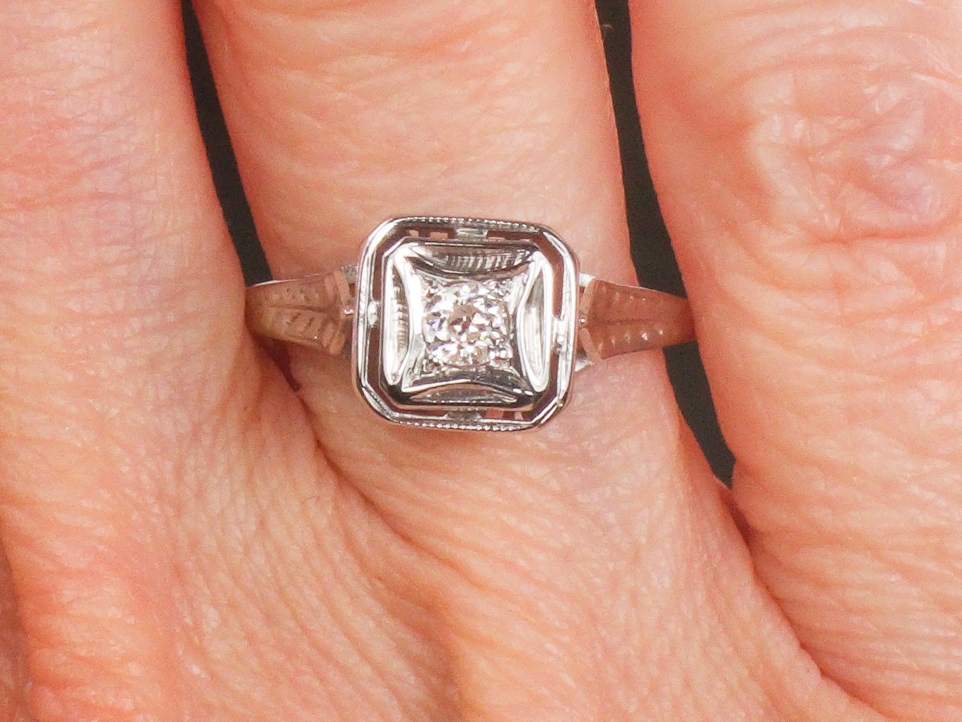 Vintage Art Deco 14k White Gold Old Mine Cut Natural Diamond Engagement Ring Solitaire Ring Size 6.5