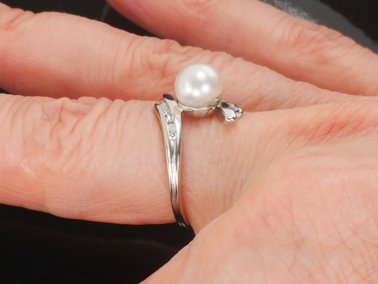 Vintage F & F Felger 14k White Gold Cultured Pearl and Diamond Ring Bridal Ring Size 5.25