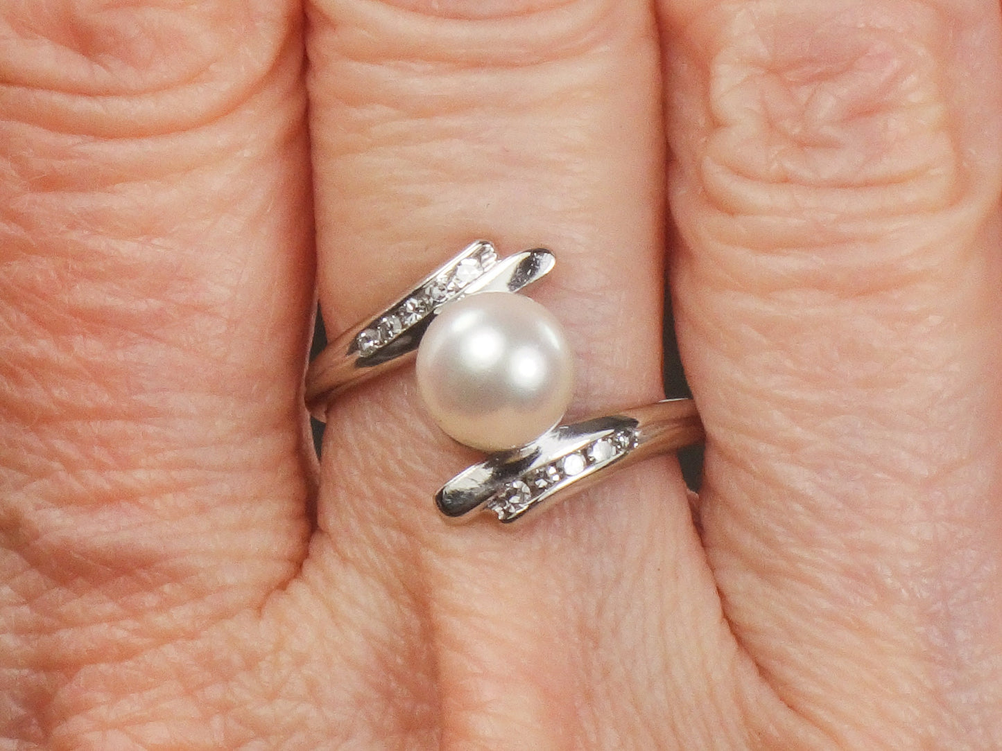 Vintage F & F Felger 14k White Gold Cultured Pearl and Diamond Ring Bridal Ring Size 5.25
