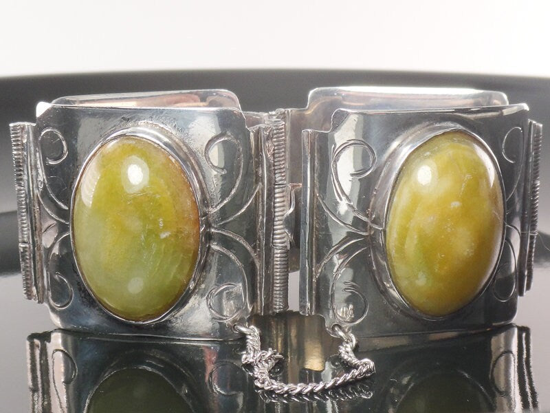 Vintage Wide Sterling Silver Green Stone Bracelet Made in Mexico