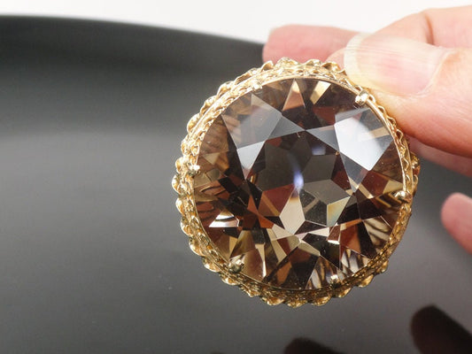 Vintage Large 14k Gold Round Smoky Citrine Quartz Pendant or Pin Approximately 80 Carats