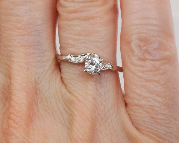 Vintage Keepsake Diamond Engagement Ring: 14k White Gold, Round Brilliant Cut
