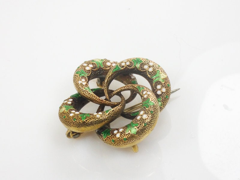 Antique Victorian 14k Gold Lover's Knot Pendant Pin with Green and White Enamel
