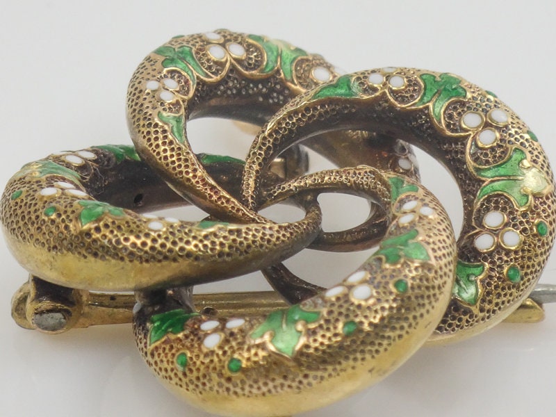 Antique Victorian 14k Gold Lover's Knot Pendant Pin with Green and White Enamel