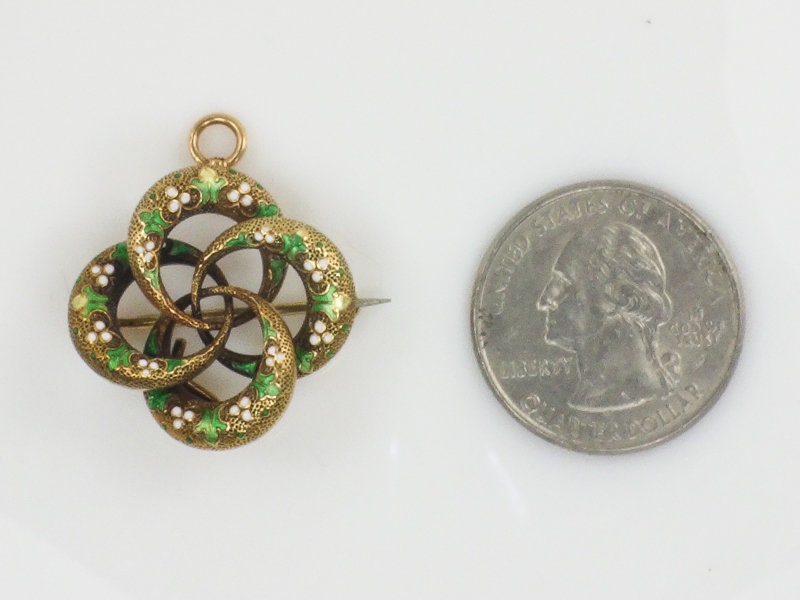 Antique Victorian 14k Gold Lover's Knot Pendant Pin with Green and White Enamel