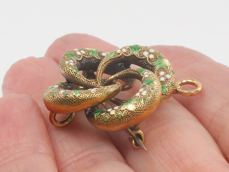 Antique Victorian 14k Gold Lover's Knot Pendant Pin with Green and White Enamel