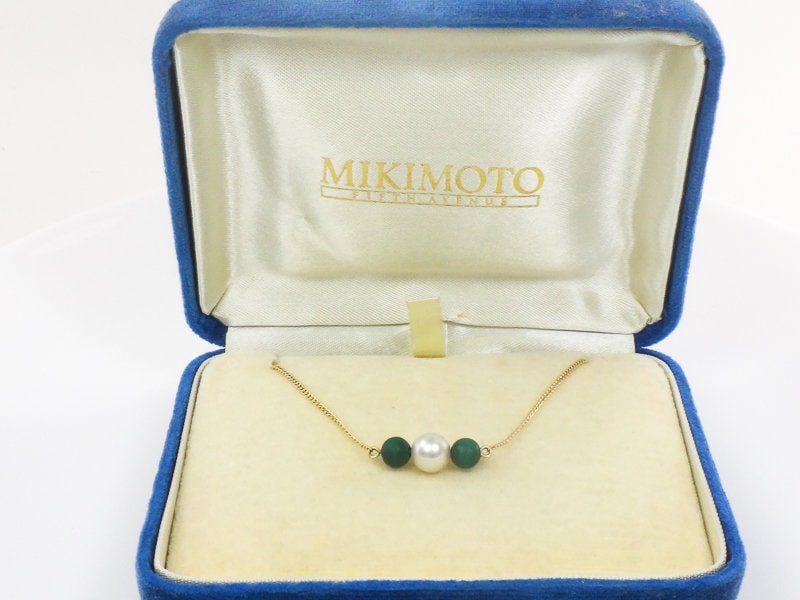 Vintage Mikimoto 14k Gold 6 MM Japanese Cultured Pearl and Malachite Choker Necklace 14.5"