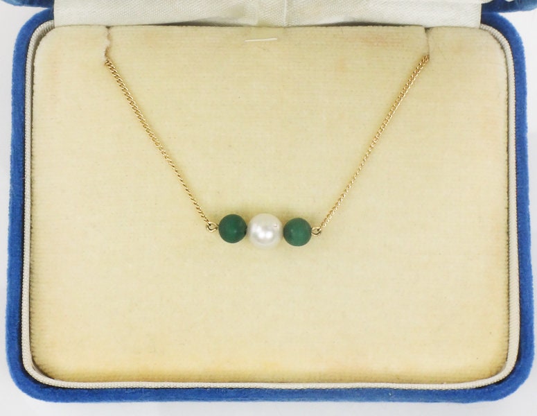 Vintage Mikimoto 14k Gold 6 MM Japanese Cultured Pearl and Malachite Choker Necklace 14.5"
