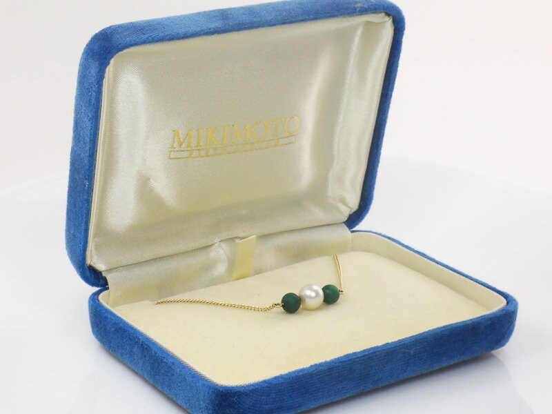 Vintage Mikimoto 14k Gold 6 MM Japanese Cultured Pearl and Malachite Choker Necklace 14.5"