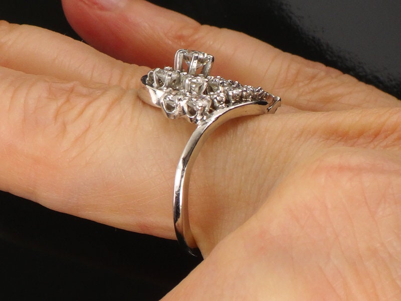 Vintage 14k White Gold Natural Diamond Swirl Ring, Cocktail Approximately 1.3 CT TDW