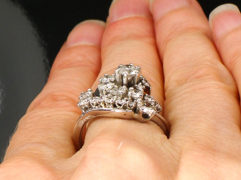 Vintage 14k White Gold Natural Diamond Swirl Ring, Cocktail Approximately 1.3 CT TDW