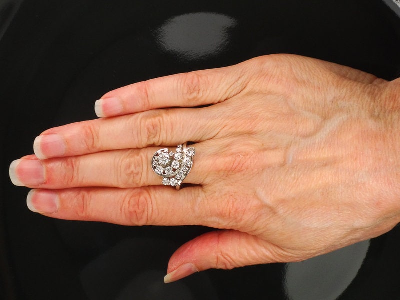 Vintage 14k White Gold Natural Diamond Swirl Ring, Cocktail Approximately 1.3 CT TDW