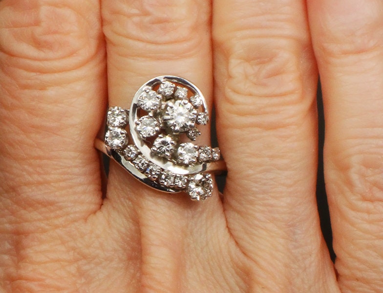 Vintage 14k White Gold Natural Diamond Swirl Ring, Cocktail Approximately 1.3 CT TDW