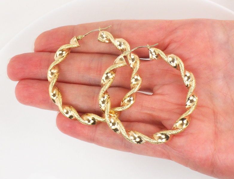 Large 14k Hoop Earrings with Fancy Twist Design - Vintage 14k Yellow Gold 1.75" Round Shape - Fine Jewelry