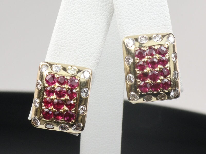 Vintage 14k Yellow Gold Natural Ruby and Diamond Stud Earrings