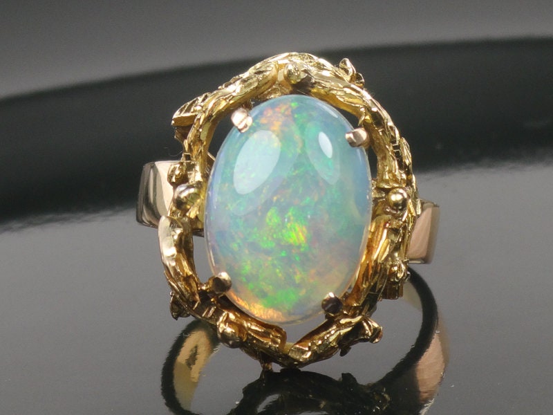 Vintage 14k Yellow Gold Natural Opal Brutalist Ring October Birthstone
