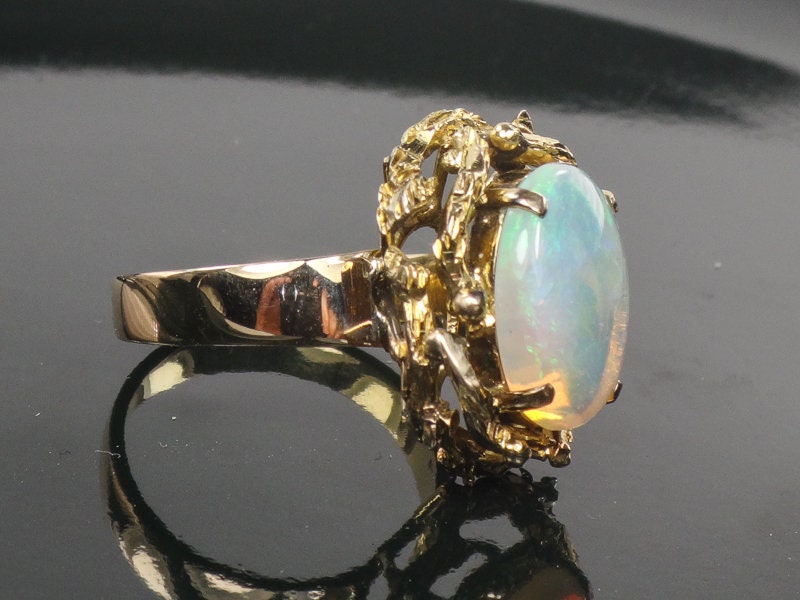 Vintage 14k Yellow Gold Natural Opal Brutalist Ring October Birthstone