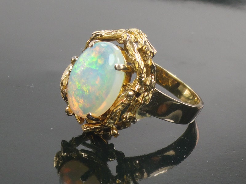 Vintage 14k Yellow Gold Natural Opal Brutalist Ring October Birthstone