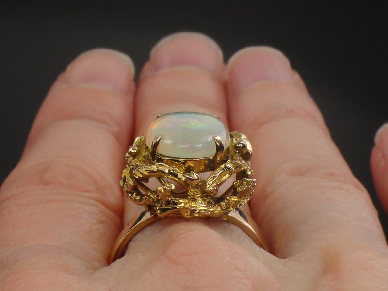 Vintage 14k Yellow Gold Natural Opal Brutalist Ring October Birthstone