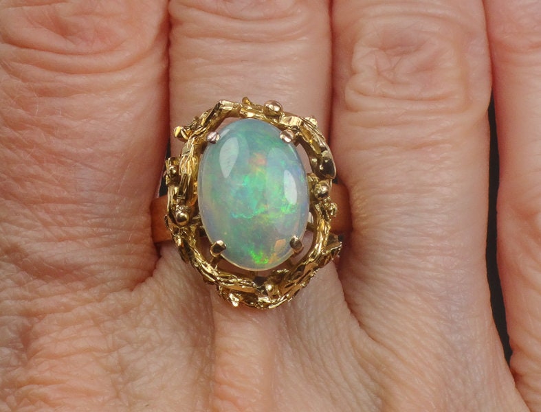 Vintage 14k Yellow Gold Natural Opal Brutalist Ring October Birthstone