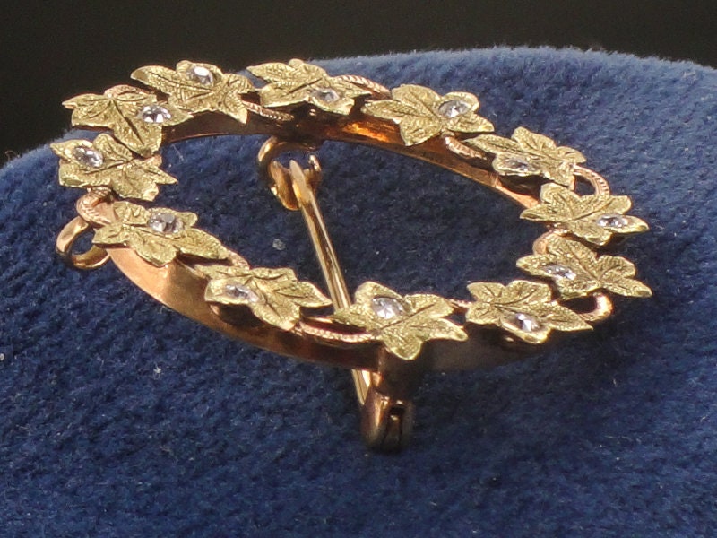 Victorian 14k Gold Diamond Ivy Wreath Pin Brooch: Circa 1900s