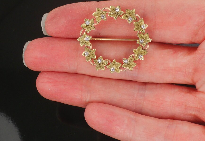 Victorian 14k Gold Diamond Ivy Wreath Pin Brooch: Circa 1900s