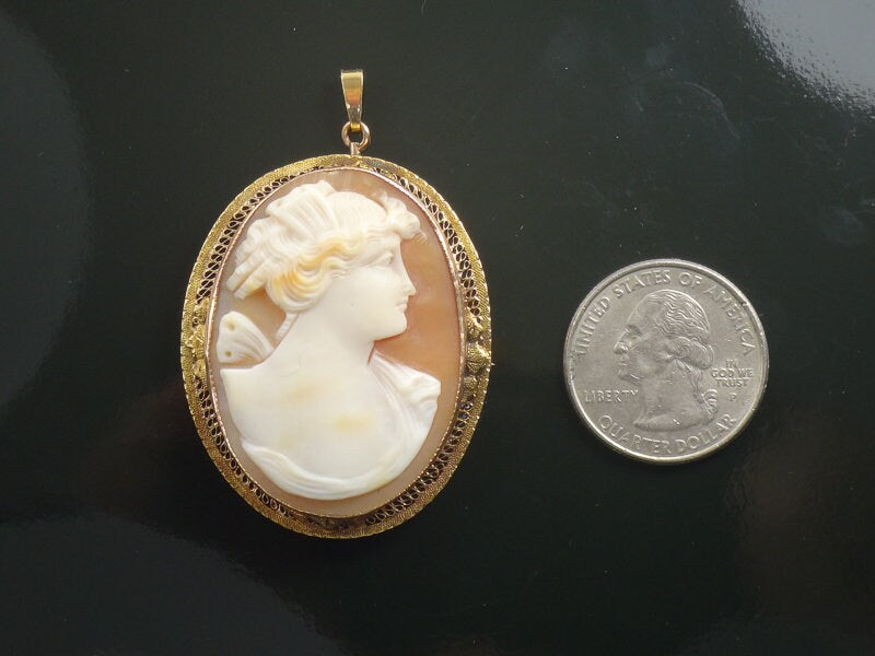 Large 10k Gold Shell Cameo Pendant Pin Hand Carved Goddess Psyche Butterfly Shell Cameo - Filigree Art Deco Circa 1920's