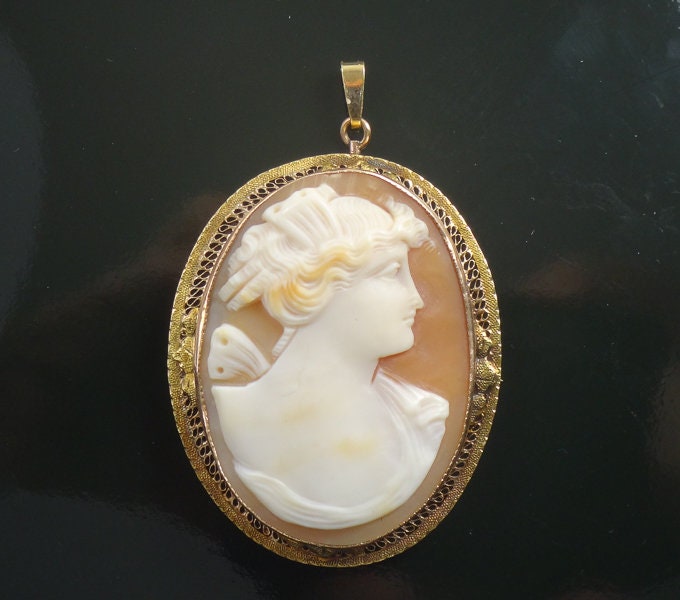 Large 10k Gold Shell Cameo Pendant Pin Hand Carved Goddess Psyche Butterfly Shell Cameo - Filigree Art Deco Circa 1920's