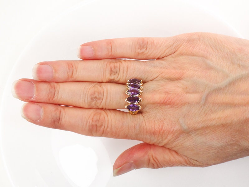 10k Yellow Gold Marquise Natural Amethyst Ring, Vintage Purple February Birthstone Ring, Size 9