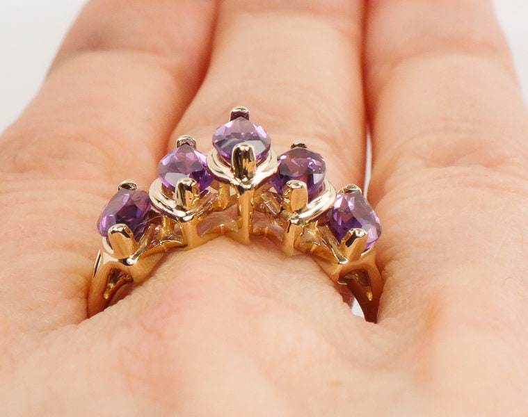 10k Yellow Gold Marquise Natural Amethyst Ring, Vintage Purple February Birthstone Ring, Size 9