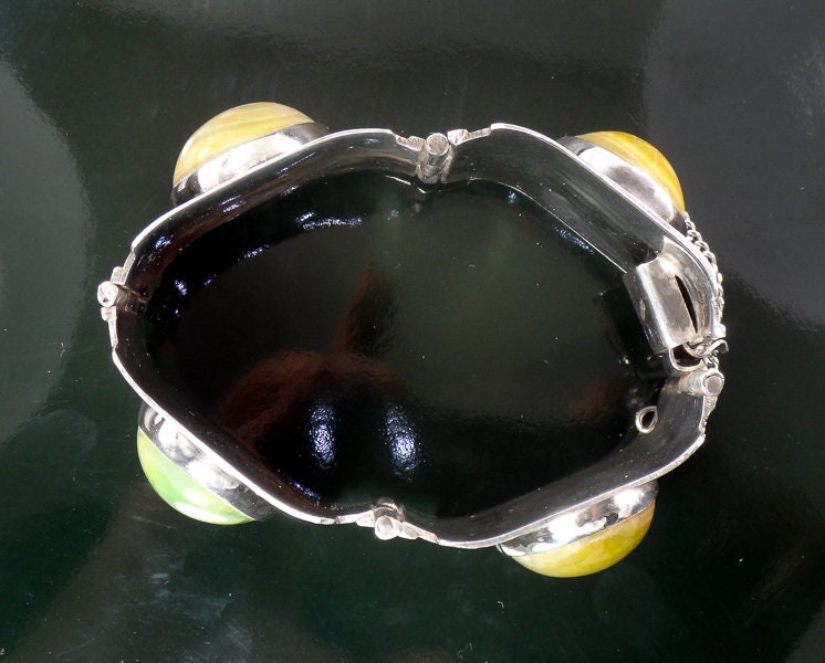 Vintage Wide Sterling Silver Green Stone Bracelet Made in Mexico