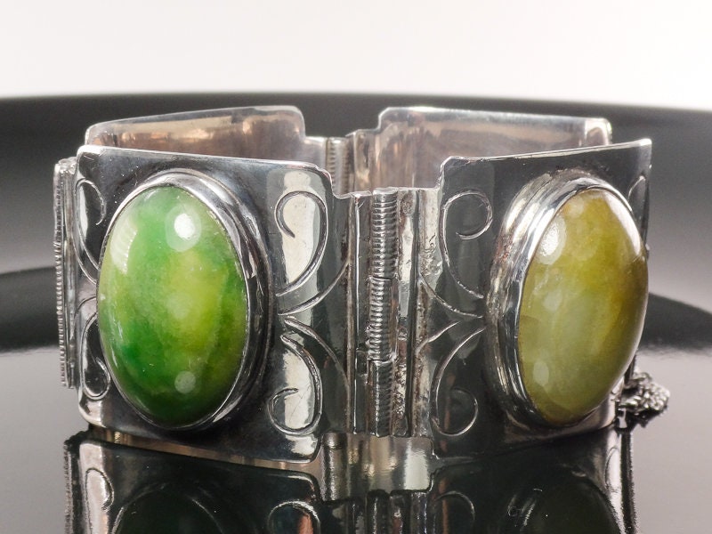 Vintage Wide Sterling Silver Green Stone Bracelet Made in Mexico