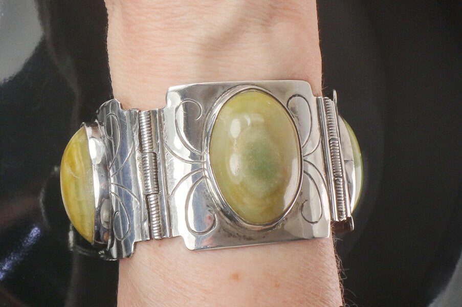 Vintage Wide Sterling Silver Green Stone Bracelet Made in Mexico