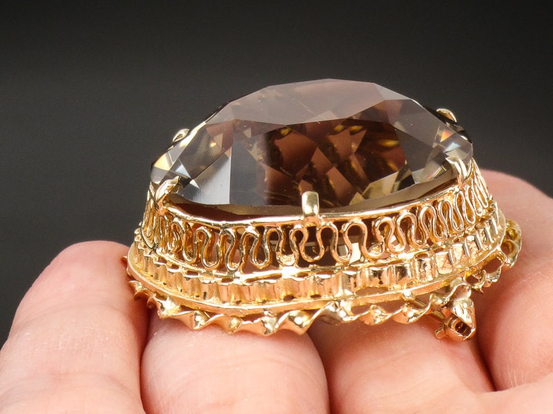 Vintage Large 14k Gold Round Smoky Citrine Quartz Pendant or Pin Approximately 80 Carats
