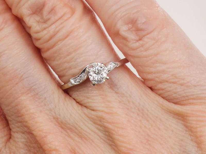 Vintage Keepsake Diamond Engagement Ring: 14k White Gold, Round Brilliant Cut