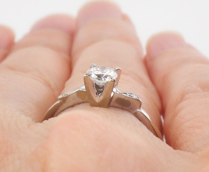 Vintage Keepsake Diamond Engagement Ring: 14k White Gold, Round Brilliant Cut