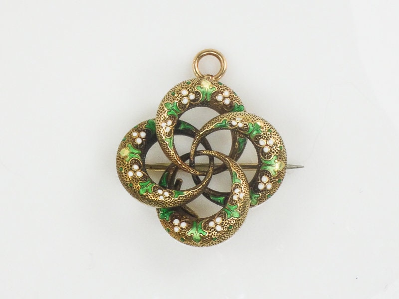 Antique Victorian 14k Gold Lover's Knot Pendant Pin with Green and White Enamel