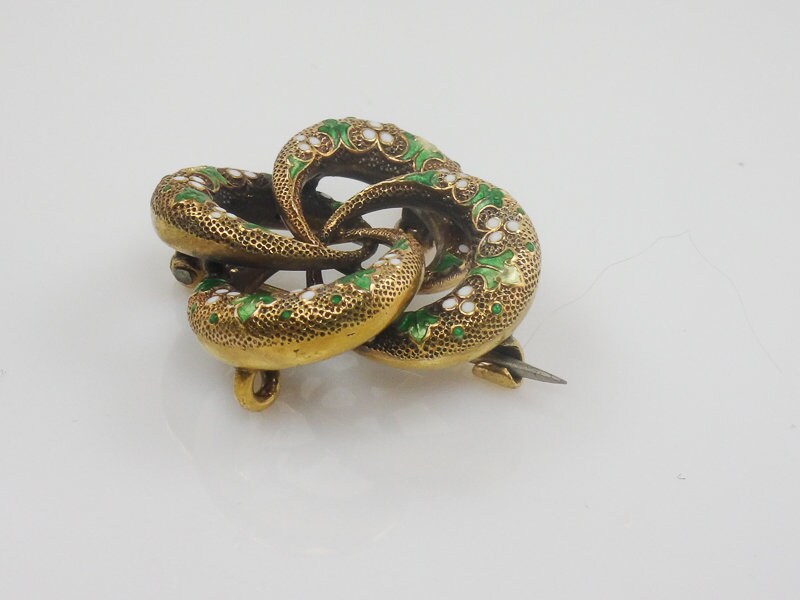 Antique Victorian 14k Gold Lover's Knot Pendant Pin with Green and White Enamel