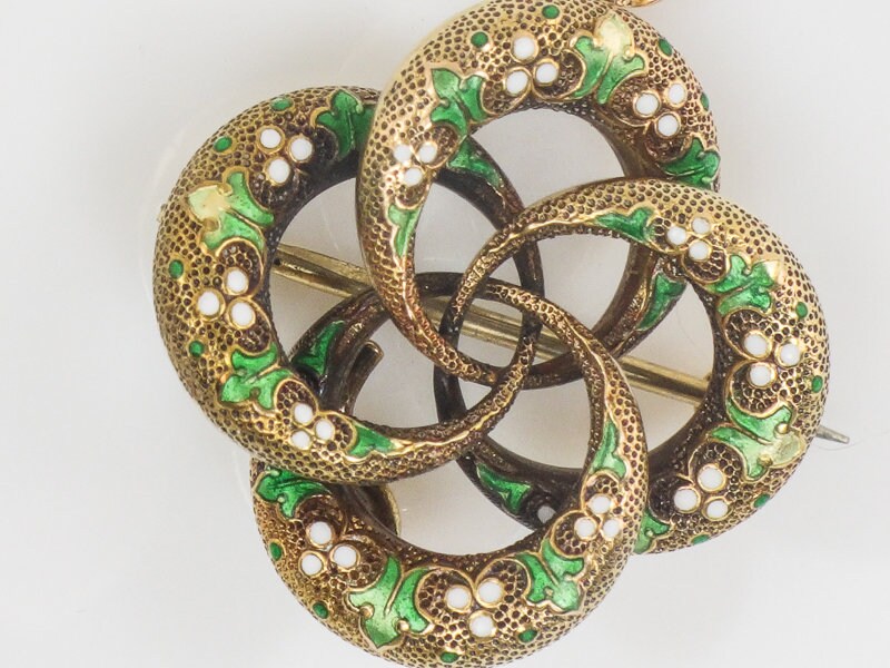 Antique Victorian 14k Gold Lover's Knot Pendant Pin with Green and White Enamel
