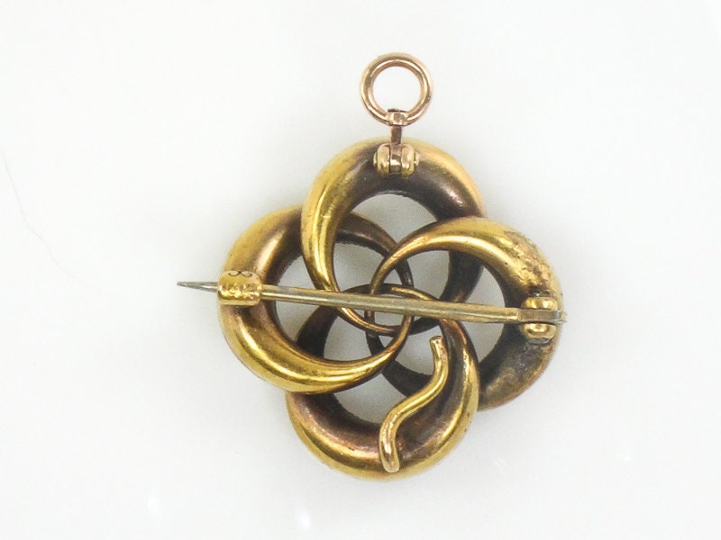 Antique Victorian 14k Gold Lover's Knot Pendant Pin with Green and White Enamel