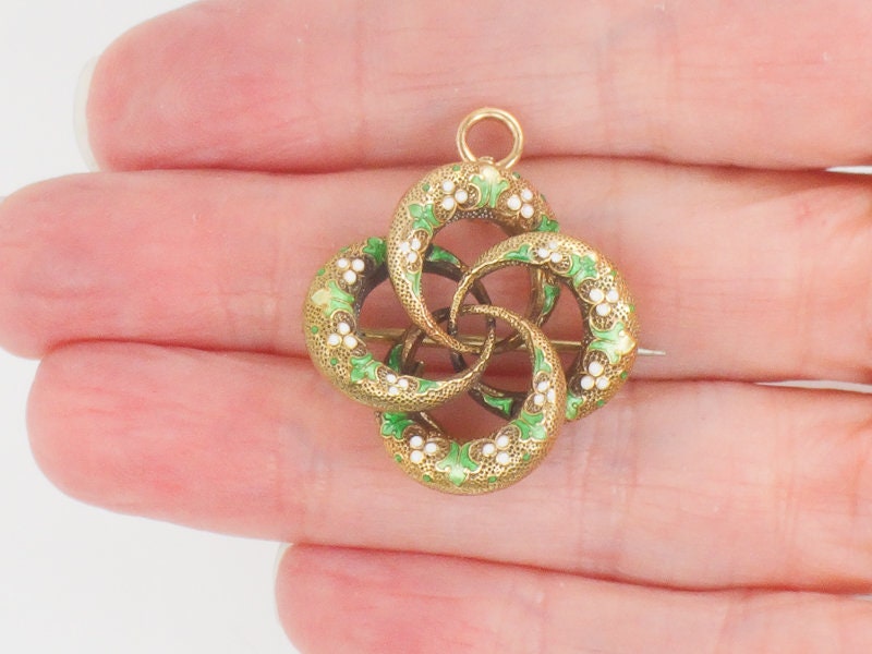 Antique Victorian 14k Gold Lover's Knot Pendant Pin with Green and White Enamel