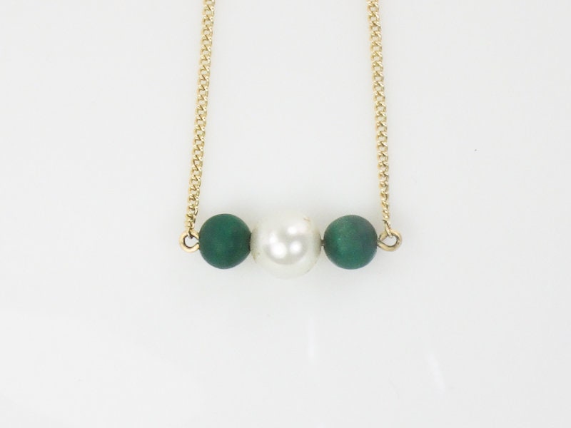 Vintage Mikimoto 14k Gold 6 MM Japanese Cultured Pearl and Malachite Choker Necklace 14.5"