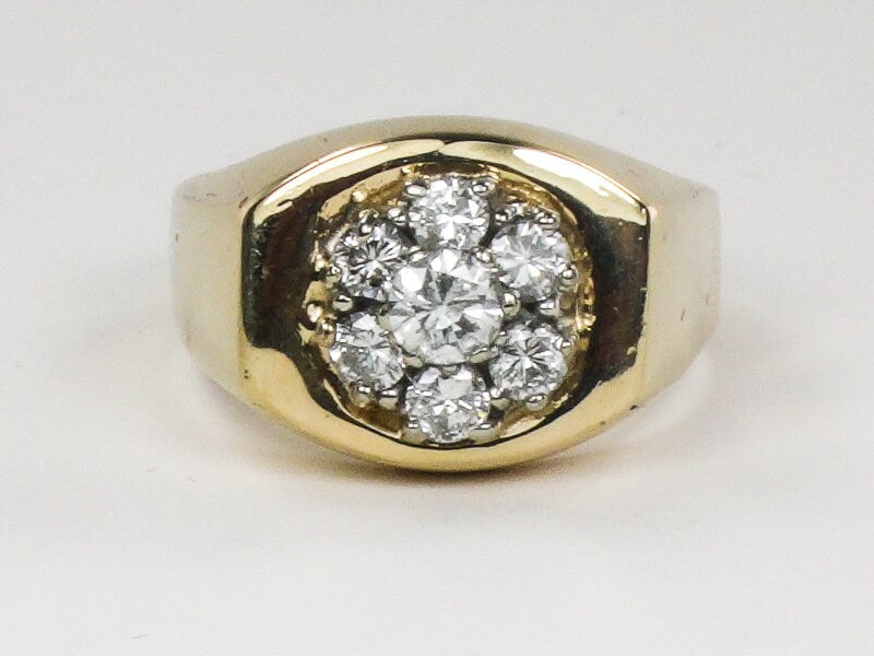 Vintage Men's 14k Yellow Gold Natural Diamond Cluster Ring Approx 1.0 CT TDW Diamond Ring